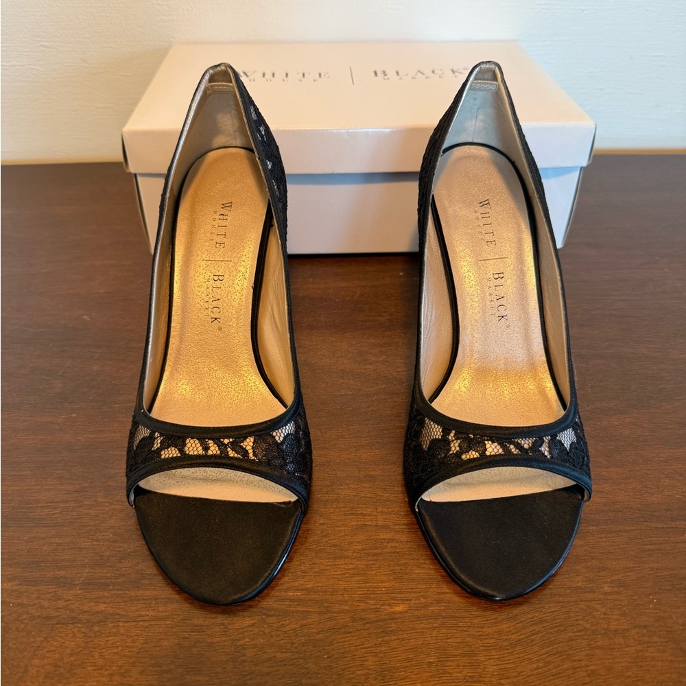 White House Black Market Black Lace Peep-Toe Heels